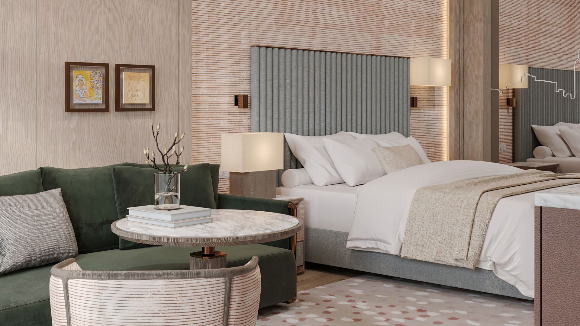 A modern hotel room with a bed, green sofa, round coffee table, and a small side table.