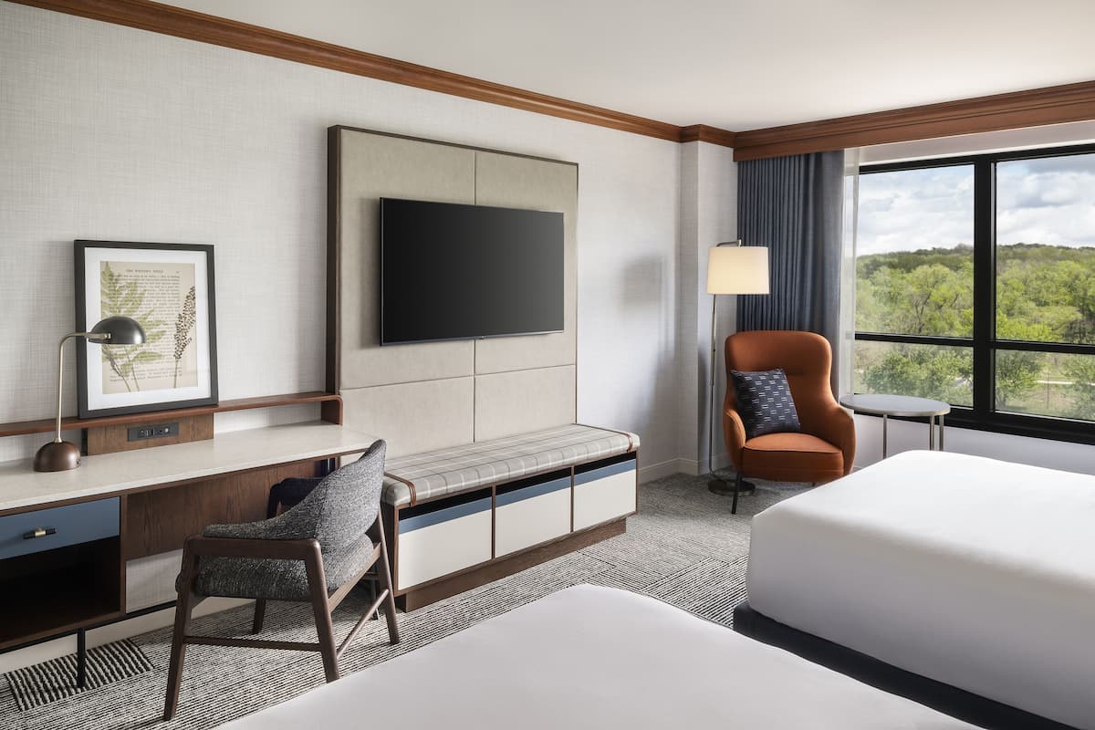 Room, 2 Queen Beds, River View | Premium bedding, pillowtop beds, in-room safe, desk