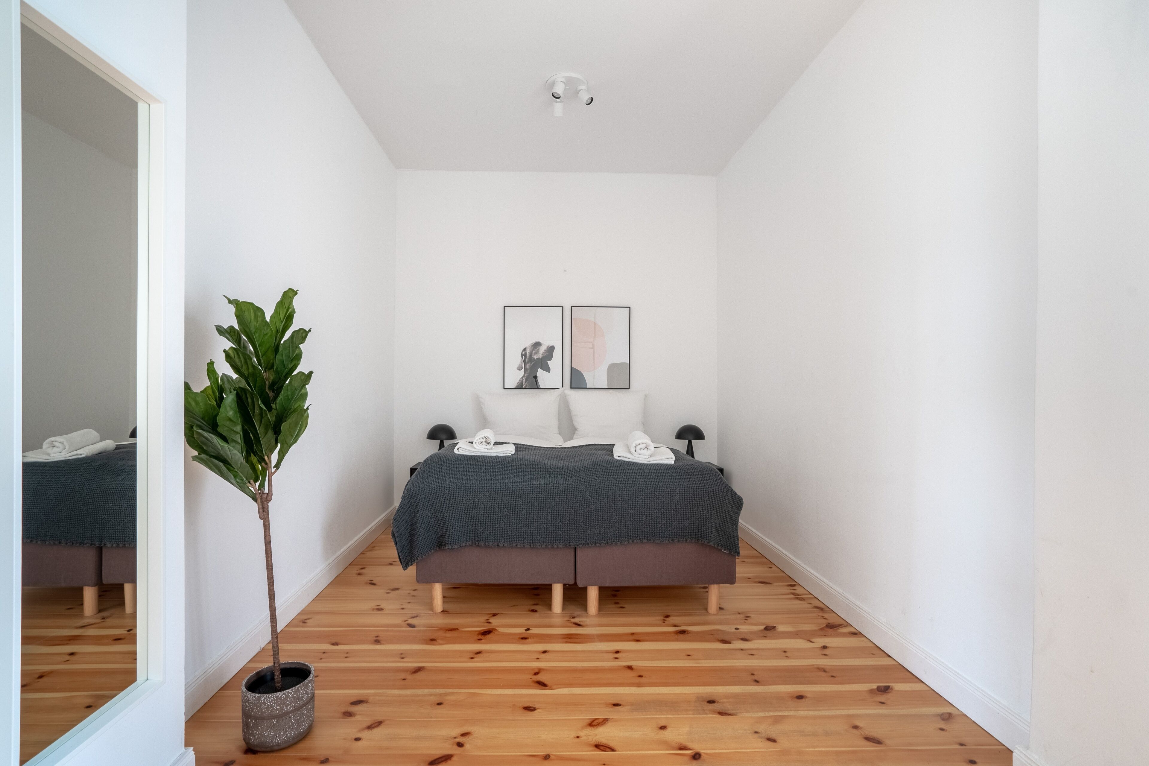 Un dormitorio con una cama, dos cuadros enmarcados, una planta en maceta y suelo de madera.