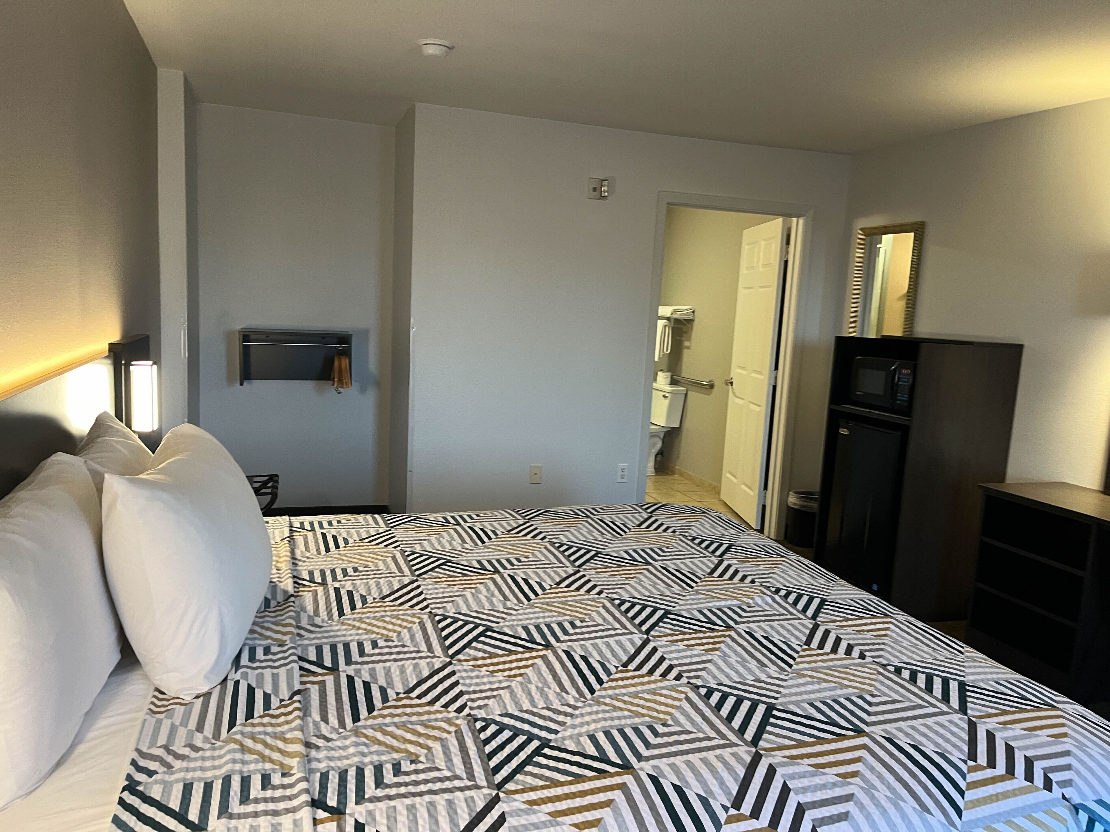 A hotel room with a bed, a bedside table, a TV, a microwave, and a wardrobe.
