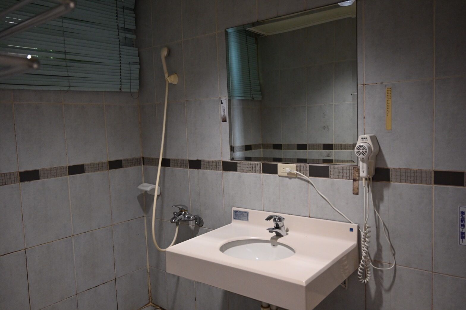 A bathroom with a sink, a mirror, a handheld showerhead, and a hairdryer.