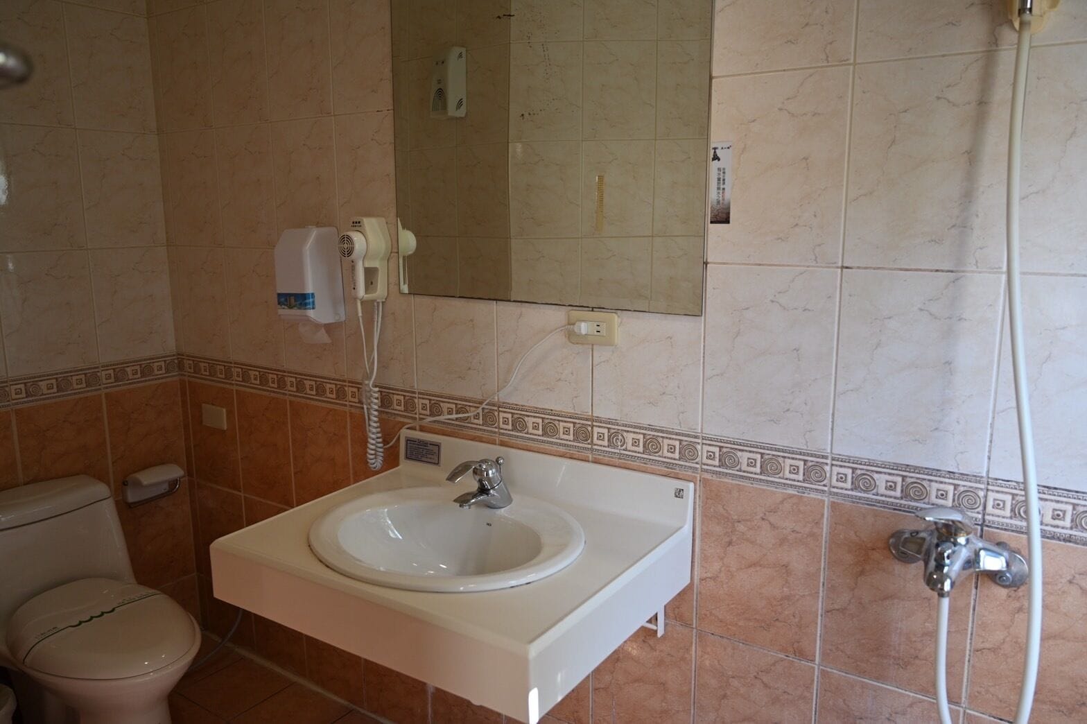 Un bagno con servizi igienici, lavabo e doccia.