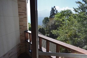 A balcony with a metal railing and a view of trees and sky.