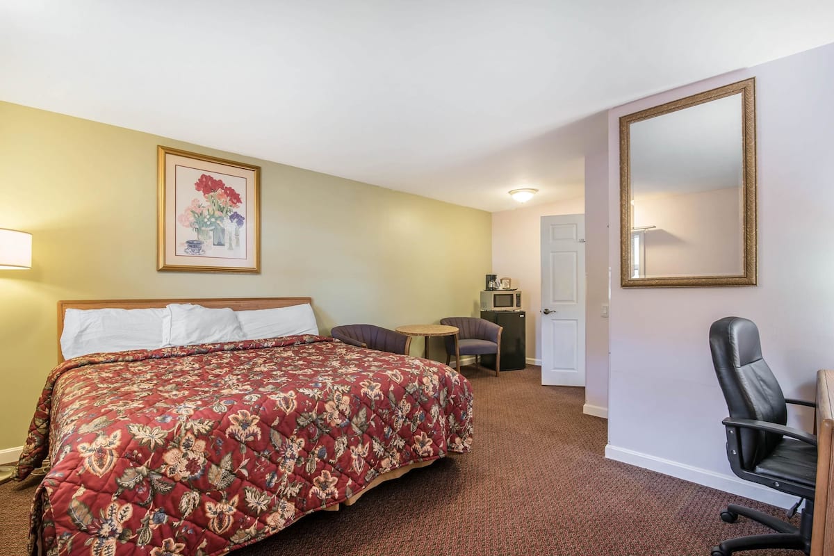 Quarto de hotel com uma cama grande, uma escrivaninha, uma cadeira e uma televisão.