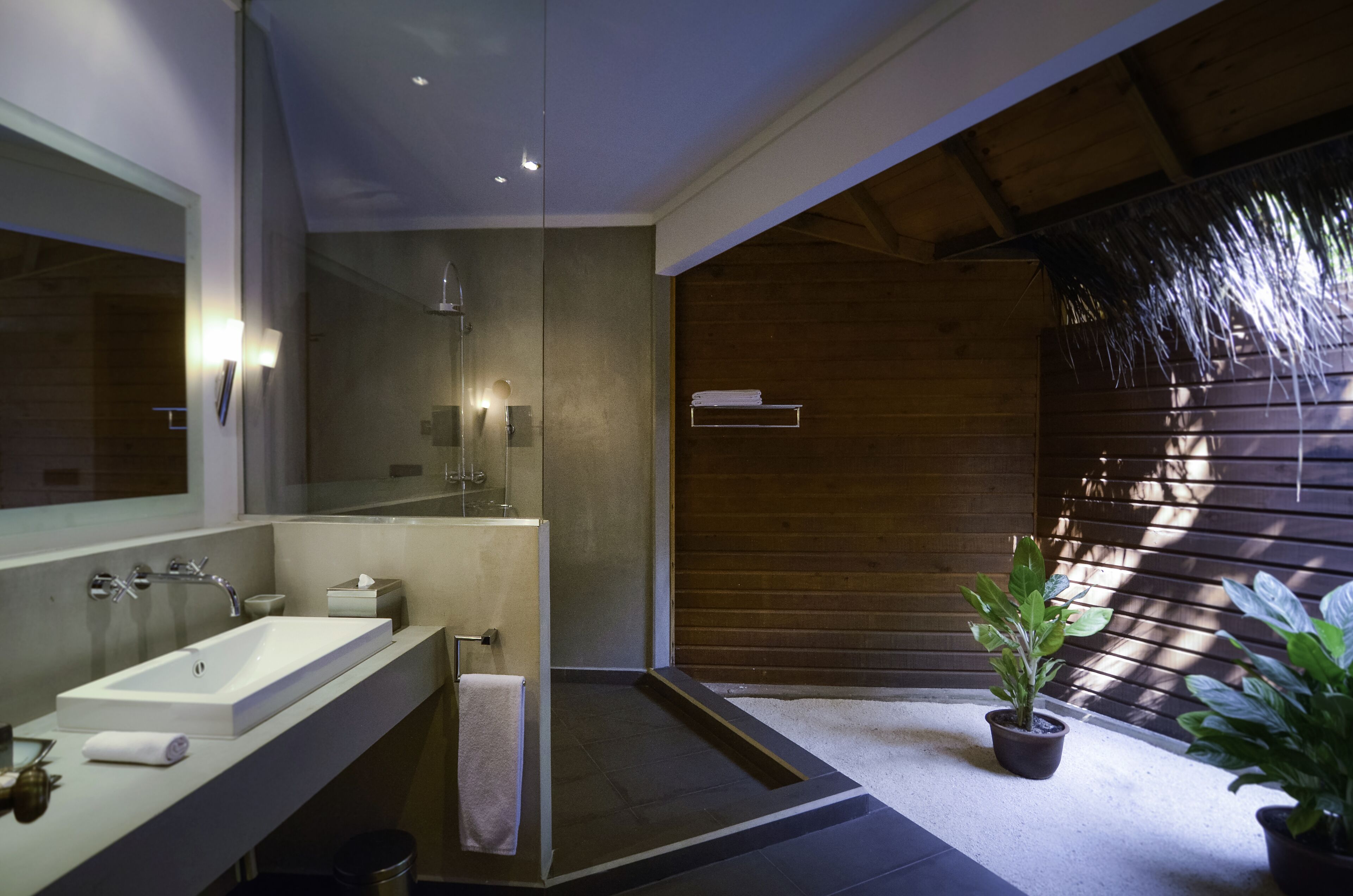 villa, beachside | bathroom | eco-friendly toiletries, hair dryer, bathrobes, slippers