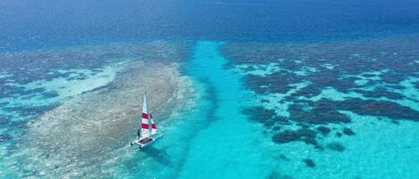 Un velero en un mar turquesa transparente con arrecifes de coral.