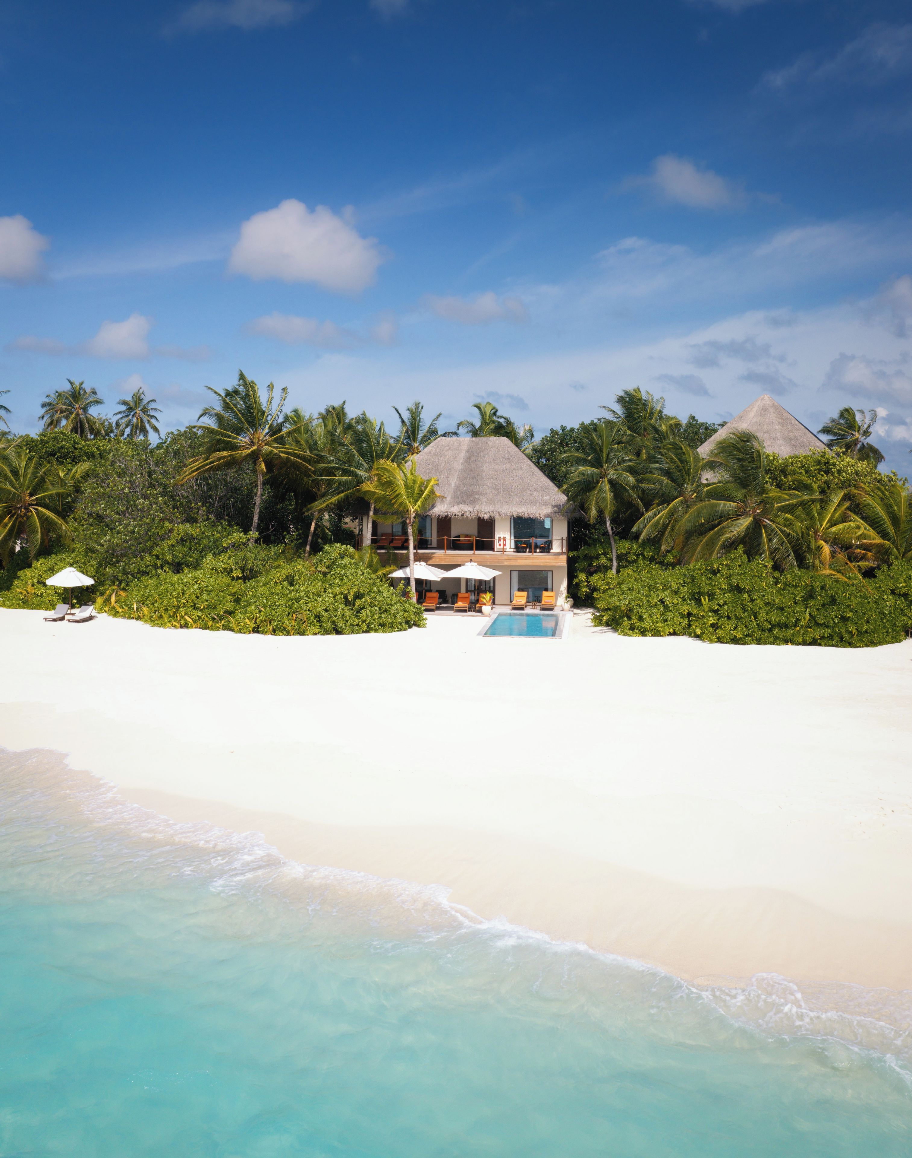 A beachfront property with a pool, lounge chairs, and a thatched-roof building surrounded by palm trees.