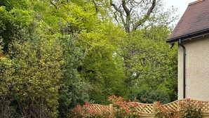 A hot tub in a backyard with a wooden fence and lush greenery. - Jesmond Dene House (Newcastle-upon-Tyne)