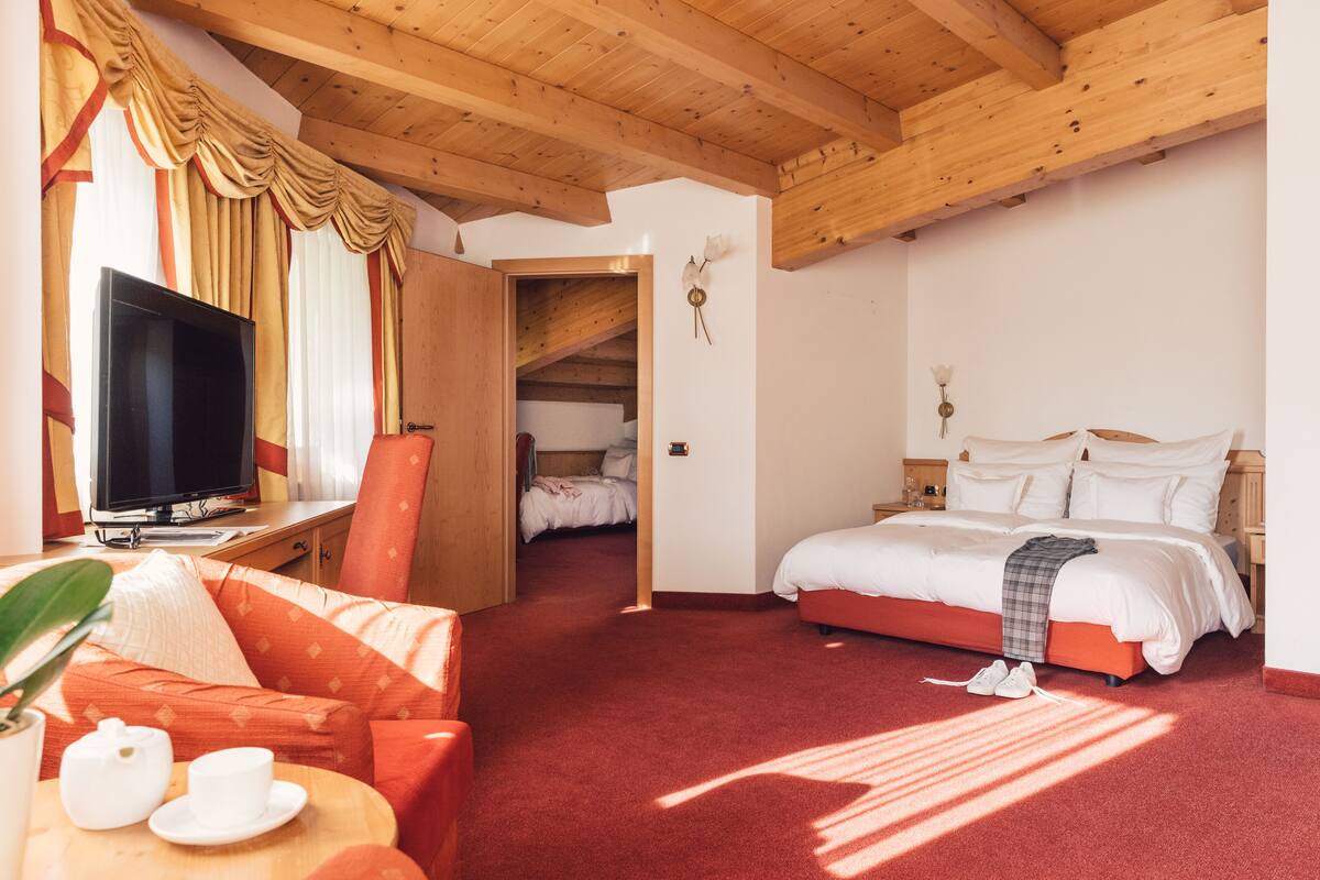 Hotelkamer met televisie, een sofa, een bed en een klein tafeltje met plant en kopjes.
