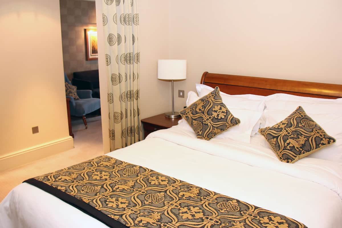 Habitación de hotel con una cama grande, una mesita de noche con lámpara y una silla al fondo.