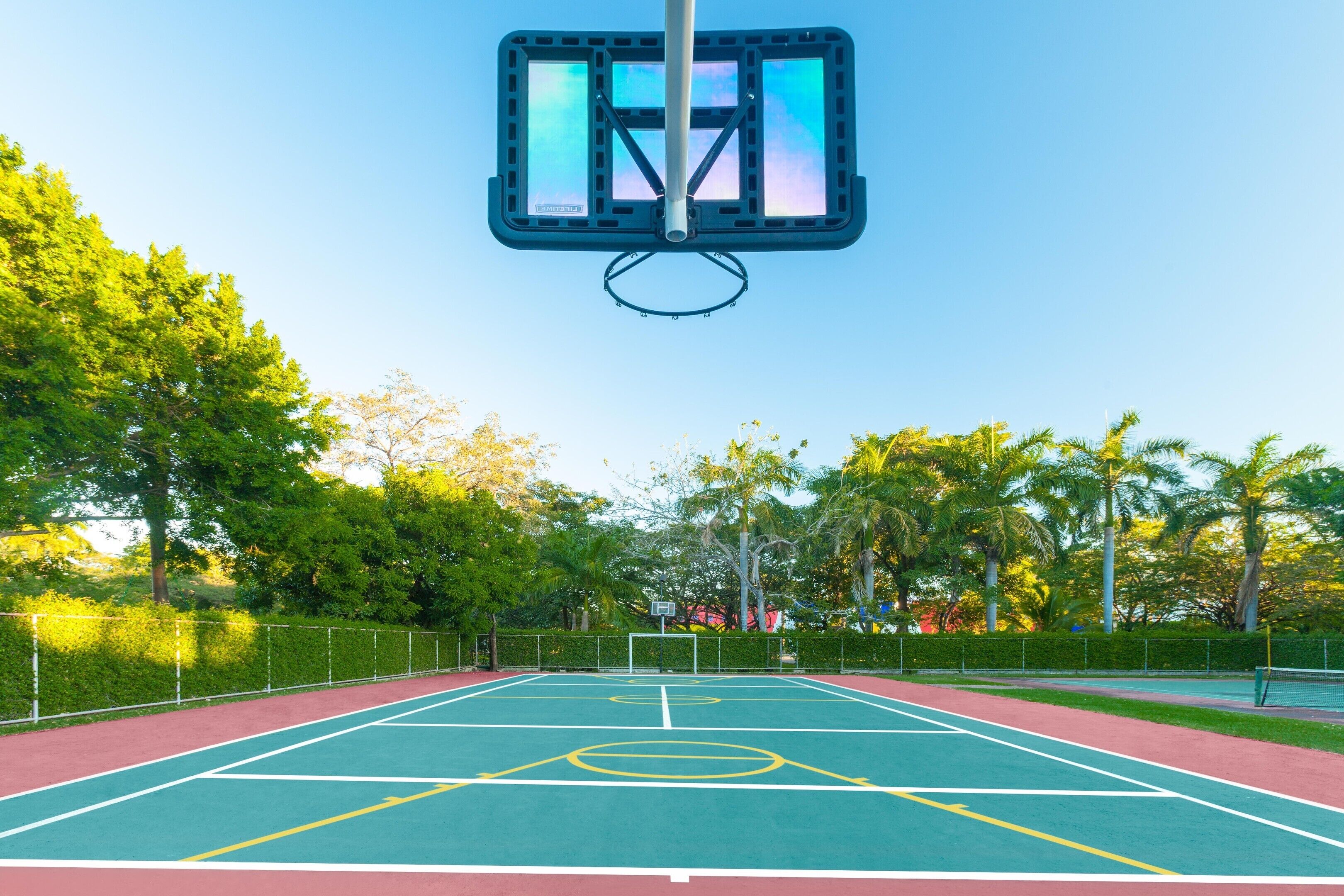An outdoor basketball court with a hoop, surrounded by trees and a fence.