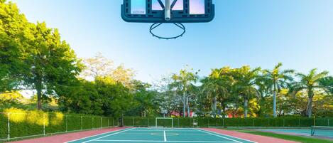 An outdoor basketball court with a hoop, surrounded by trees and a fence.