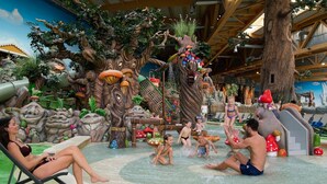 Un parque acuático con toboganes, árboles artificiales y una zona de piscina.