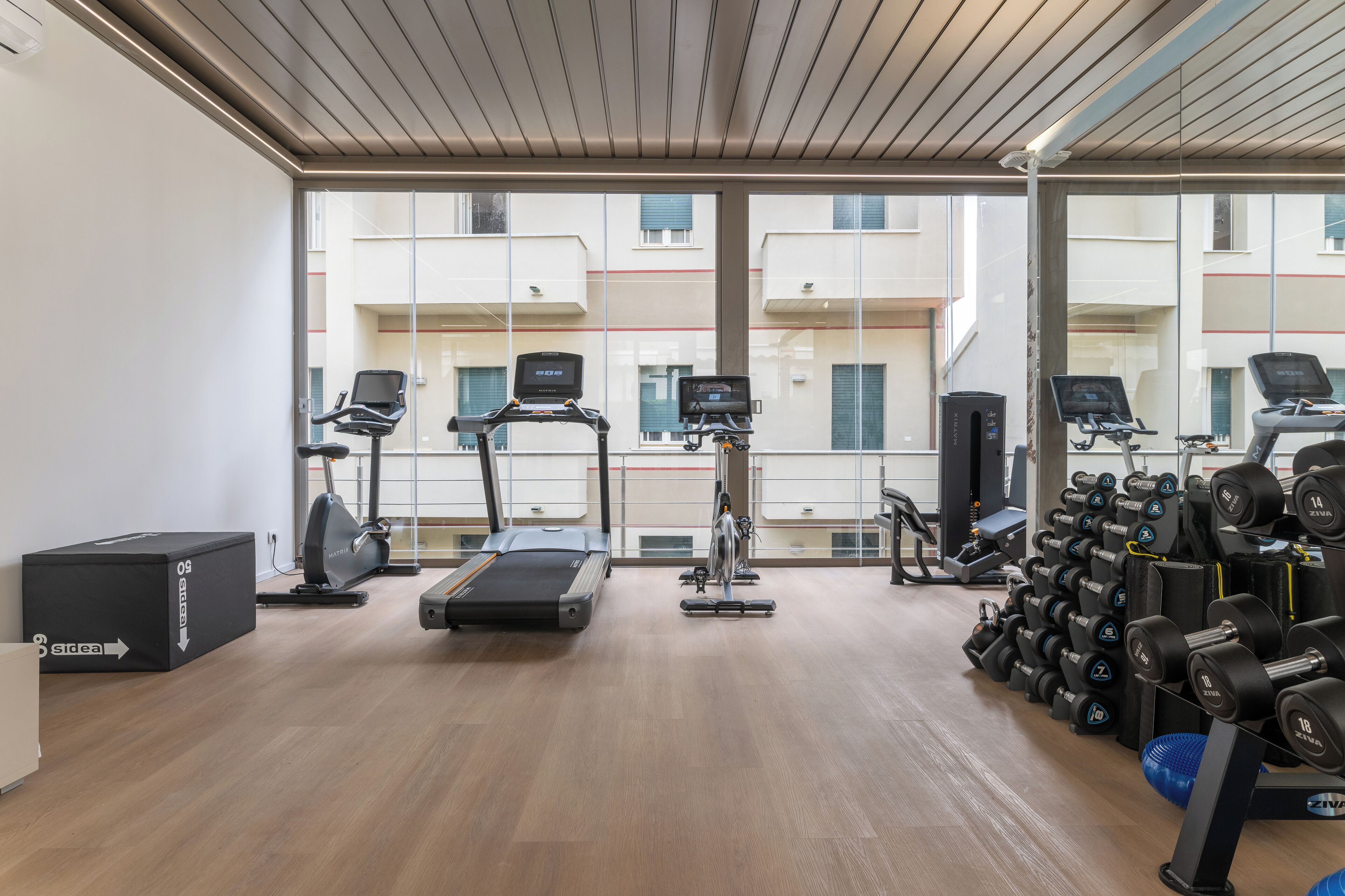 Un gimnasio con máquinas de cardio, jaulas de pesas y un espejo grande.
