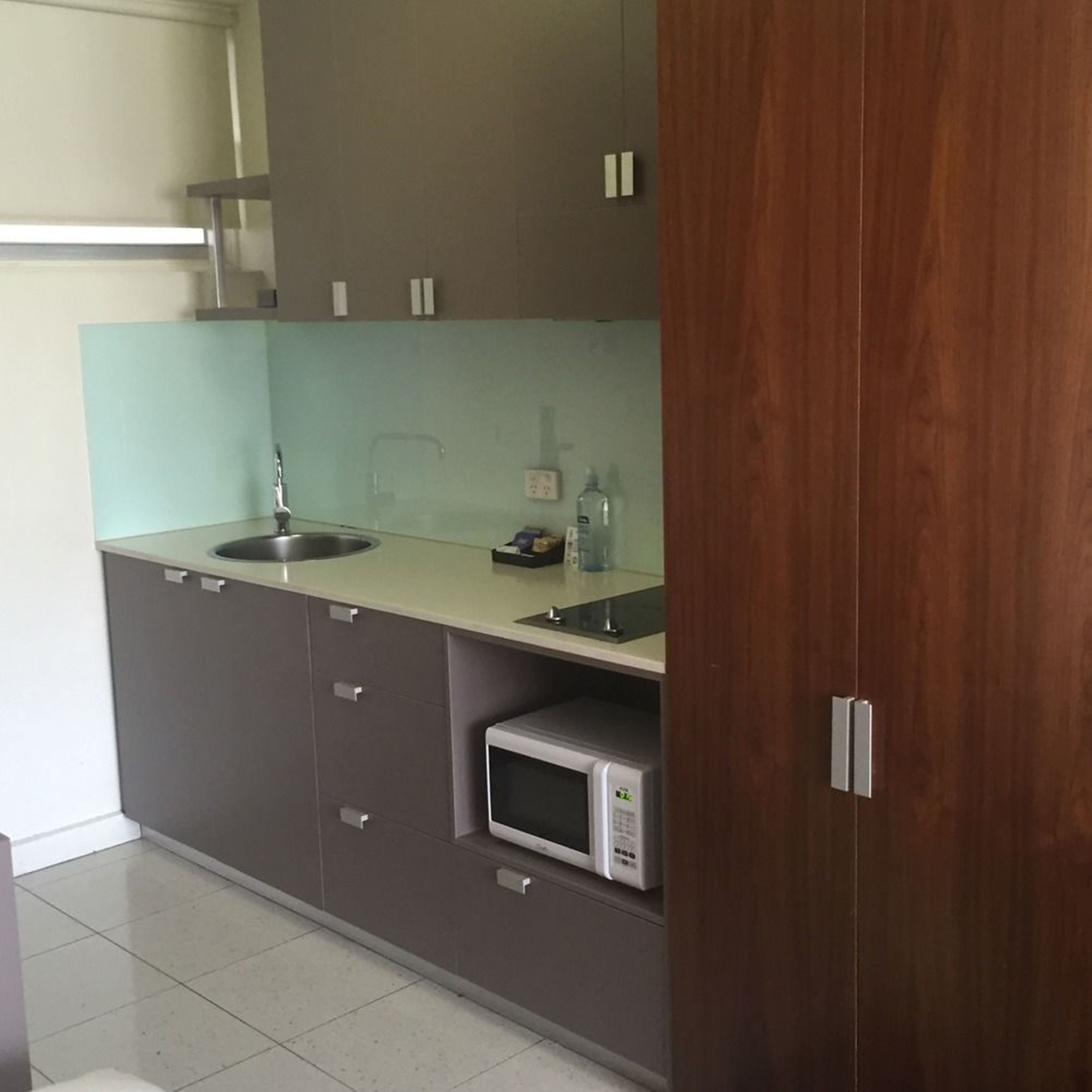 fridge, microwave, electric kettle