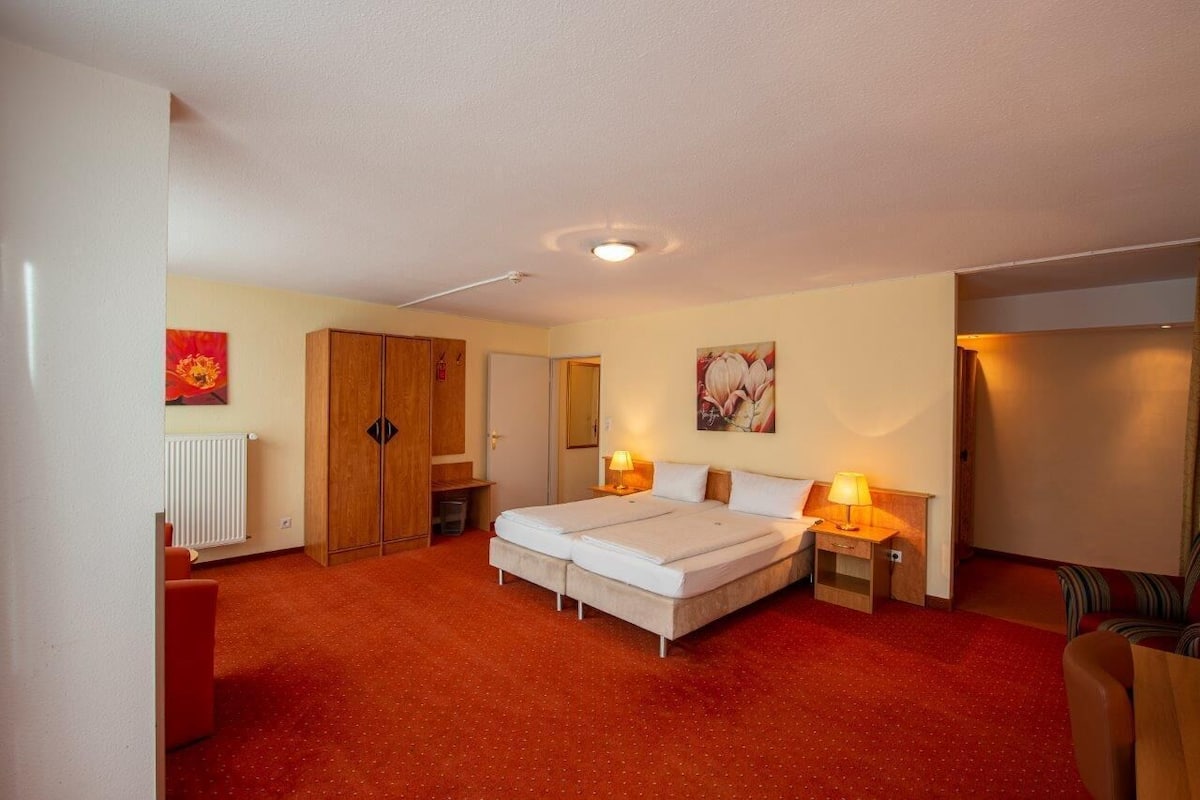 A hotel room with a large bed, two bedside tables with lamps, a wardrobe, and a radiator.