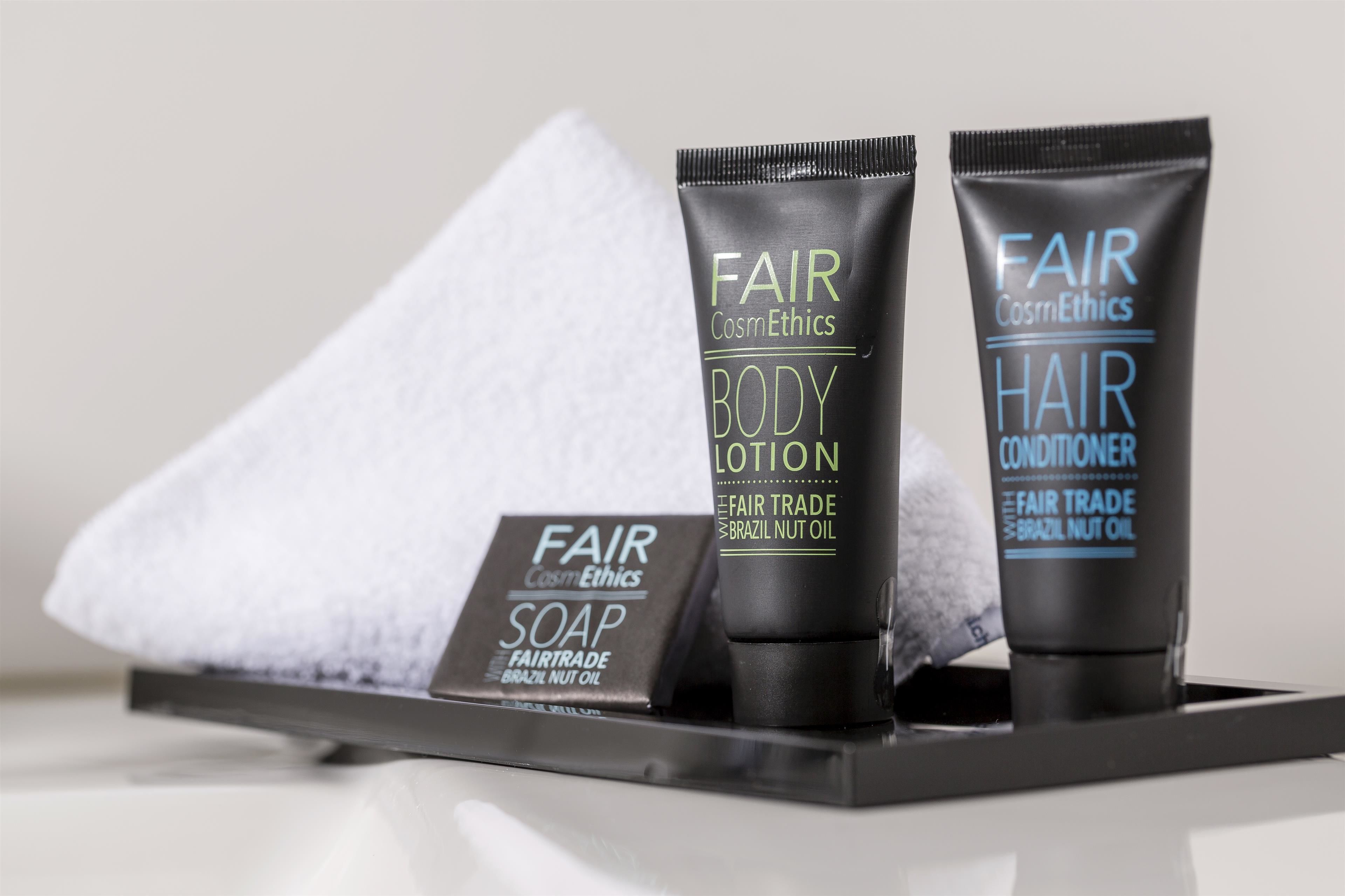 rainfall showerhead, free toiletries, hair dryer, slippers