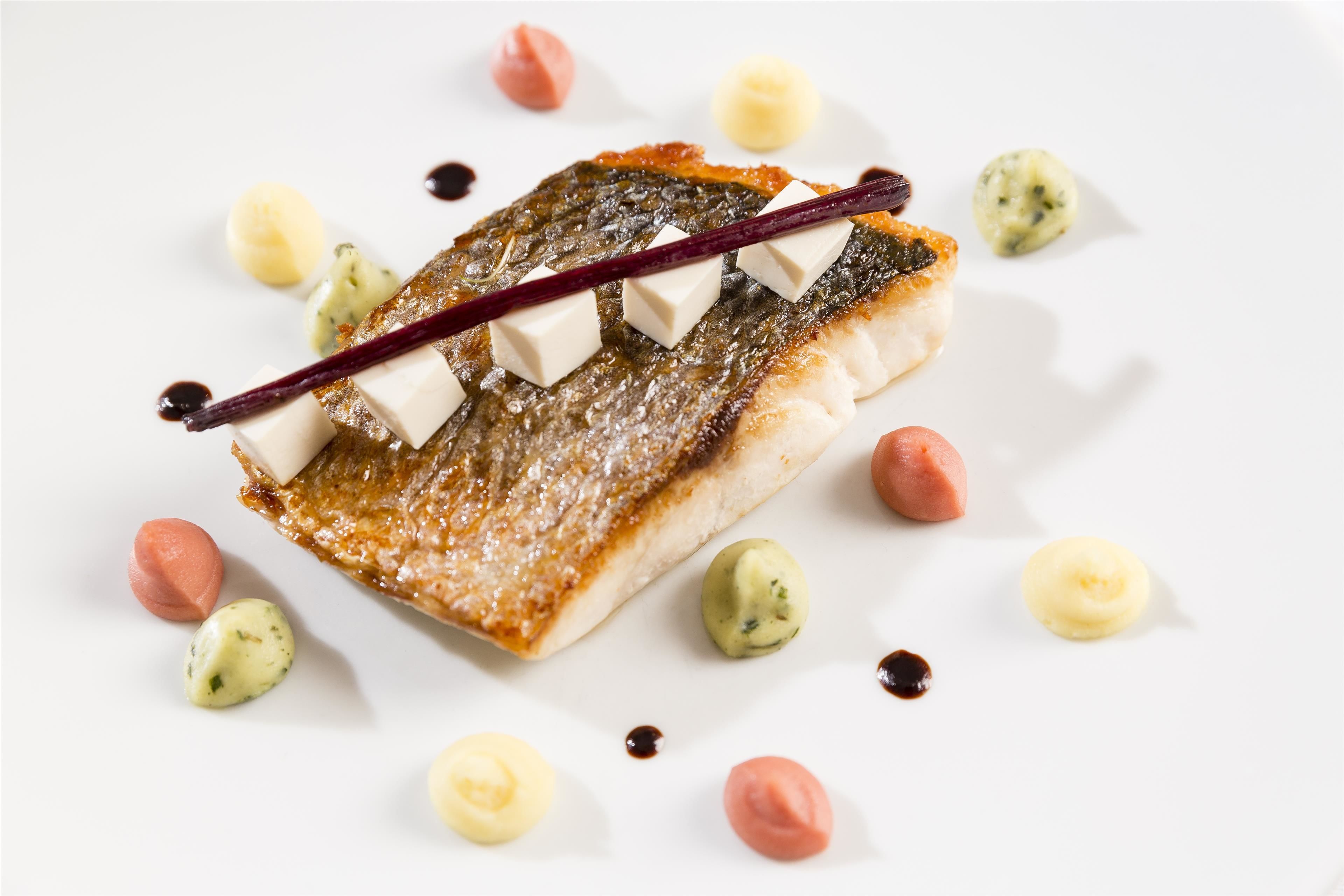 A dish with fish, tofu, and various sauces on a white plate.