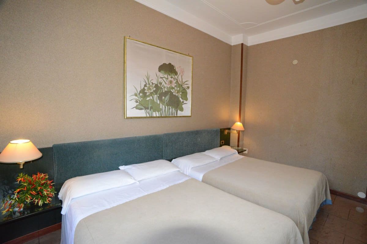 Habitación de hotel con dos camas, cabecero, lámpara de pared, cuadro floral enmarco y mesita de noche con una planta.