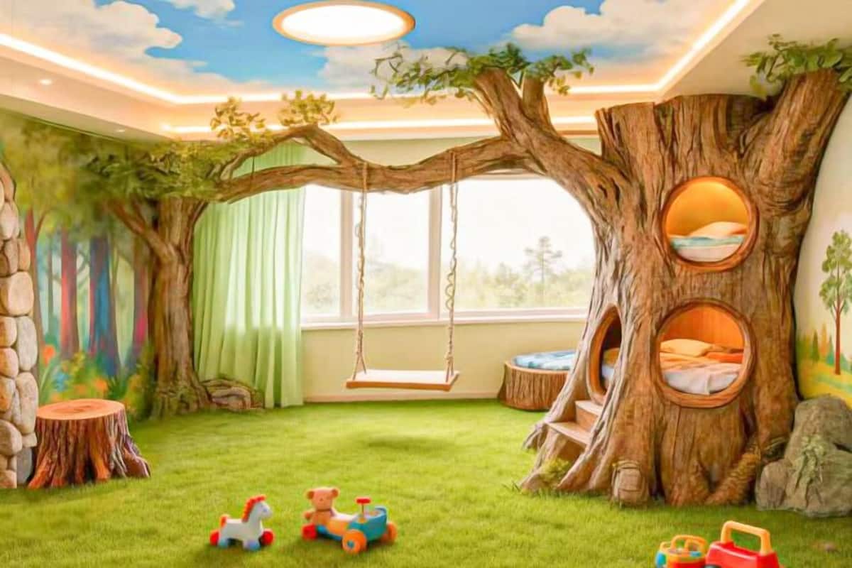 A children's playroom with a tree-themed design, including a swing, treehouse beds, and a soft play area.