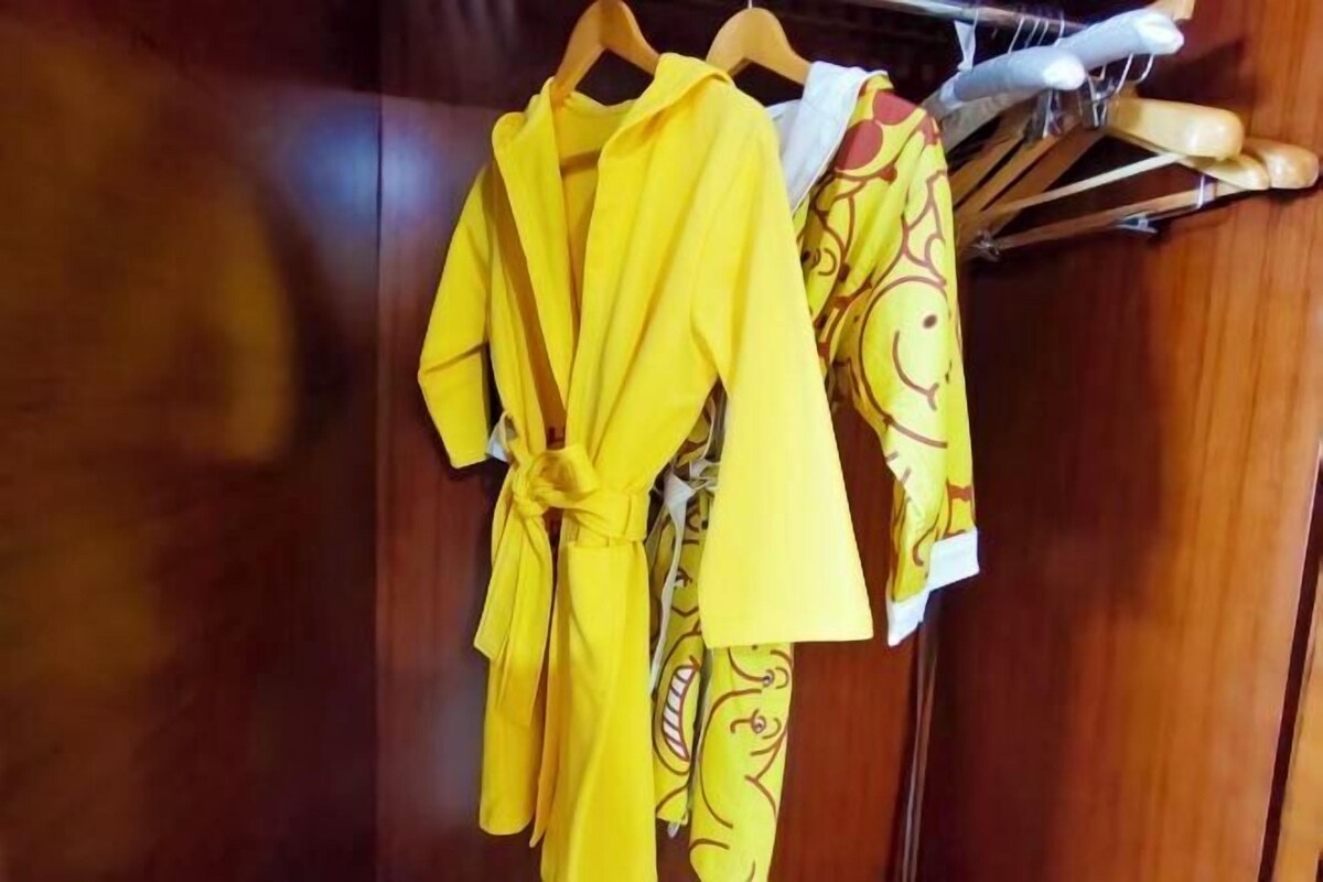 A wooden wardrobe with a yellow garment on a hanger.