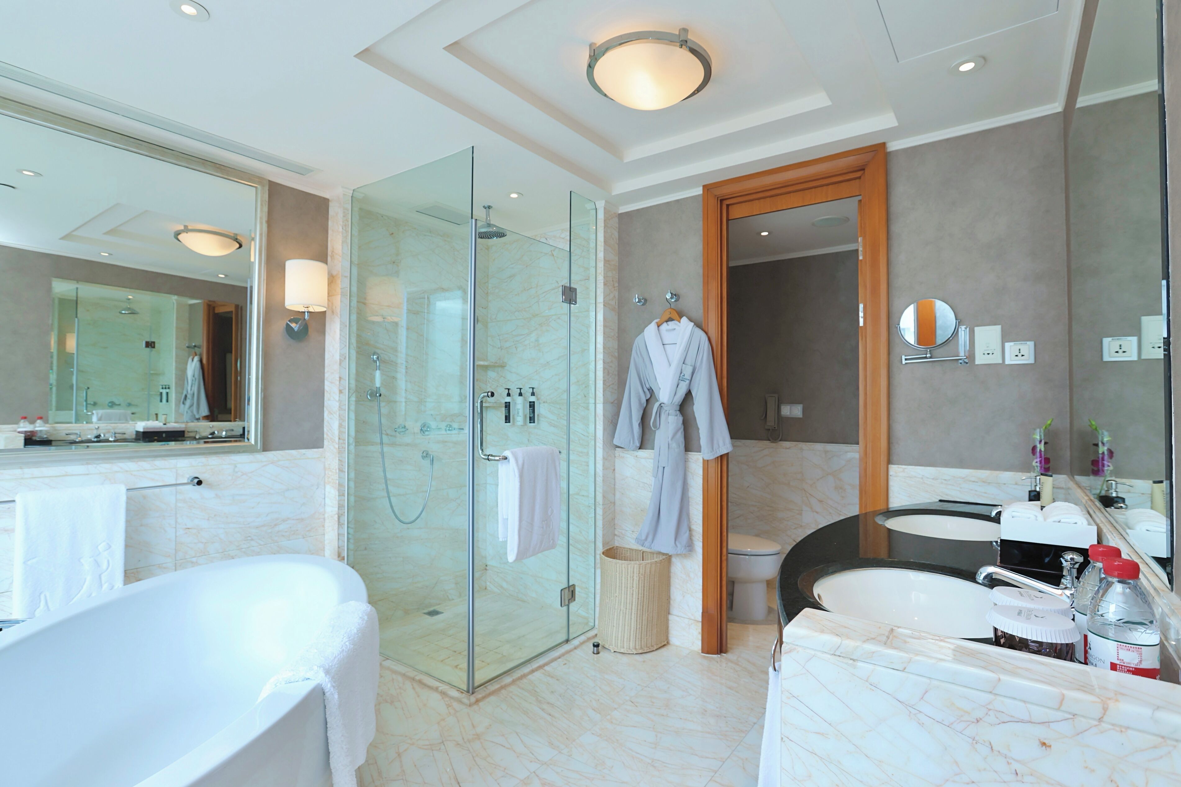 A modern bathroom with a glass-enclosed shower, a bathtub, a vanity with a mirror, and a robe hanging on a rack.