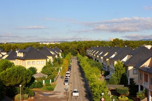 Une rangée de maisons d’habitation, séparées par une rue, et entourées d’arbres et de verdure.