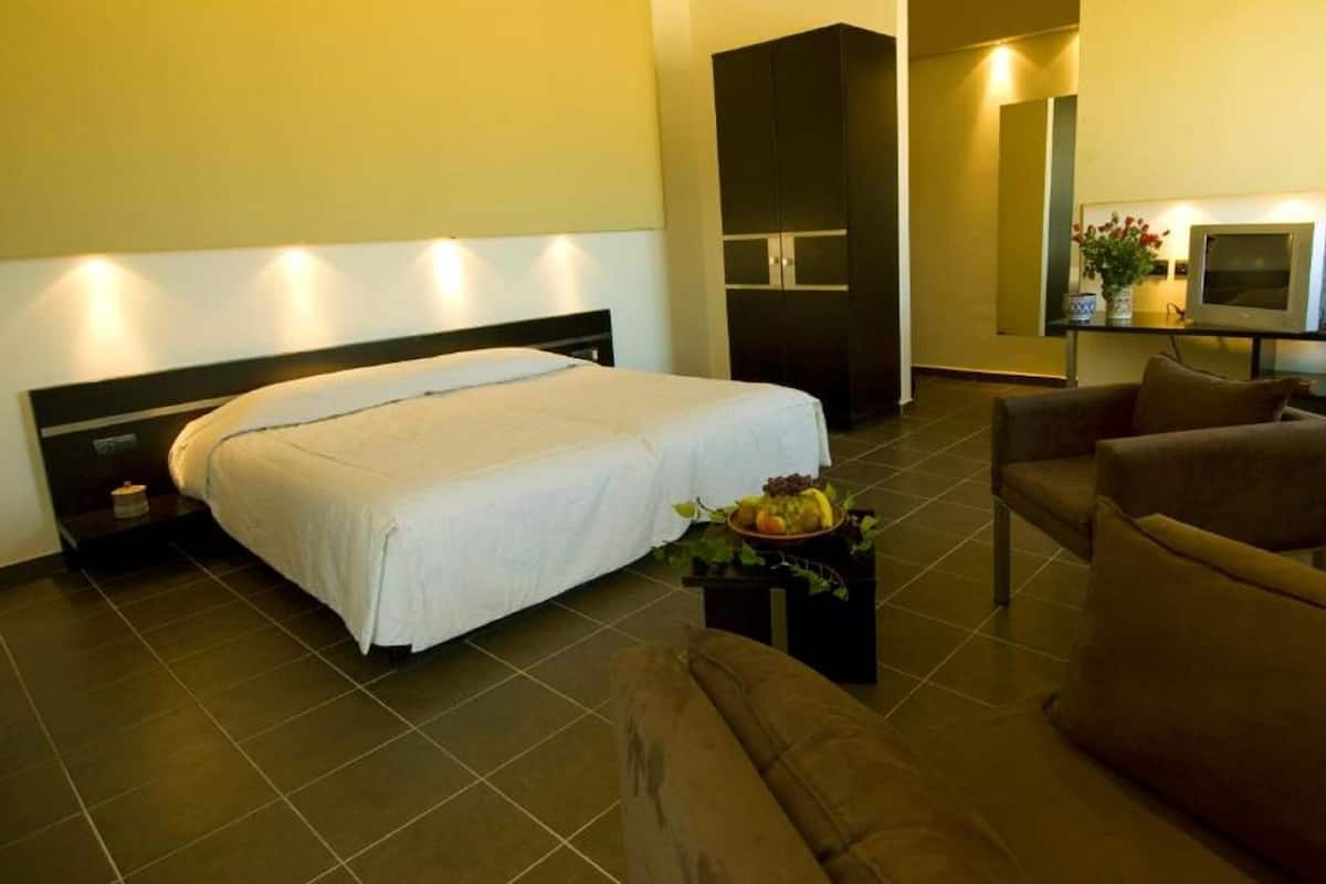 A hotel room with a bed, a small table with fruit, two armchairs, a TV, and a mini-fridge.