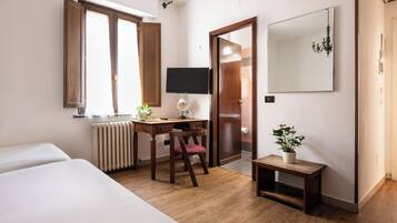 A hotel room with a bed, a desk with a chair, a radiator, a TV, a mirror, and a small table with a plant.