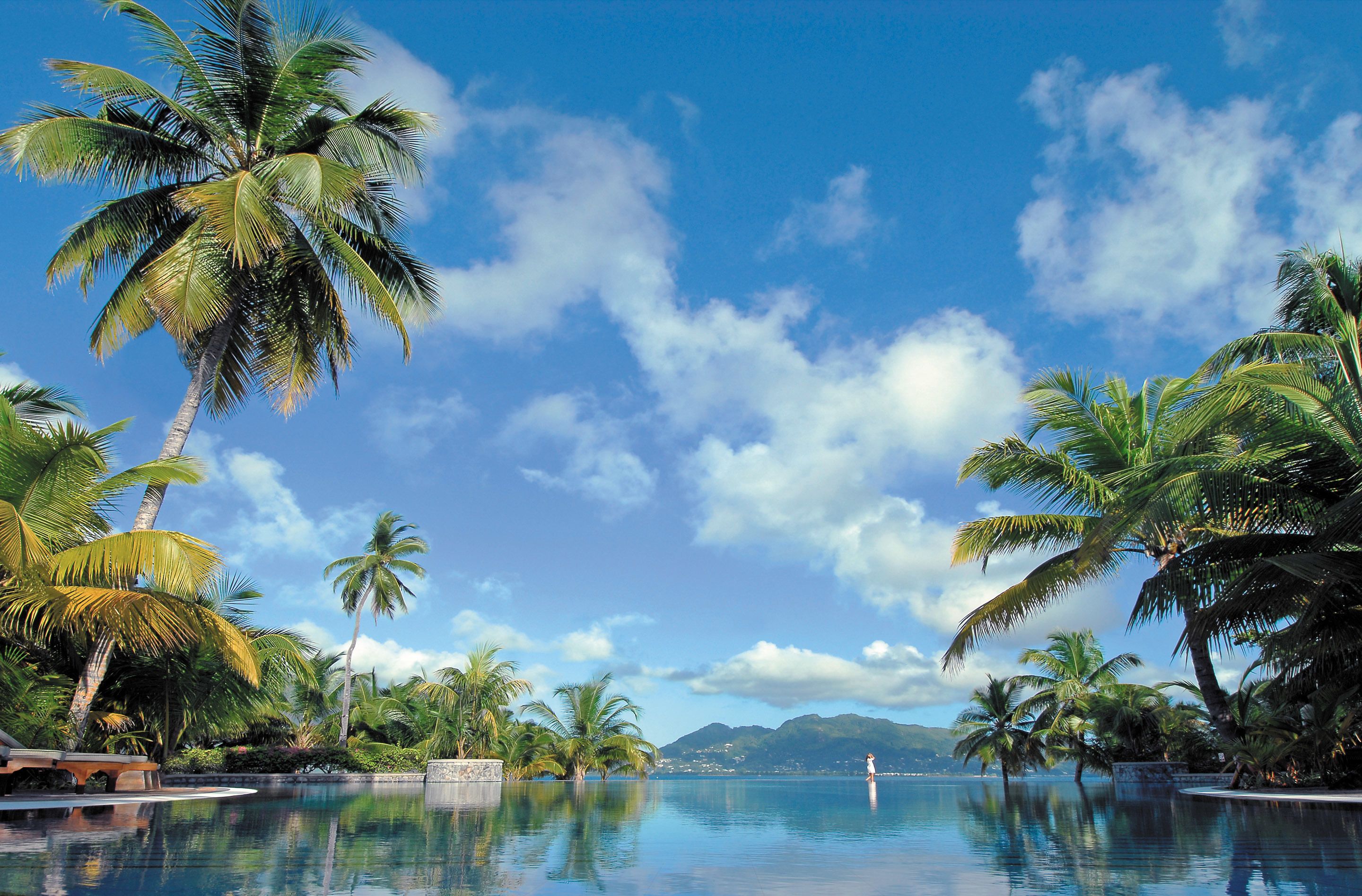 Outdoor pool, pool umbrellas, pool loungers