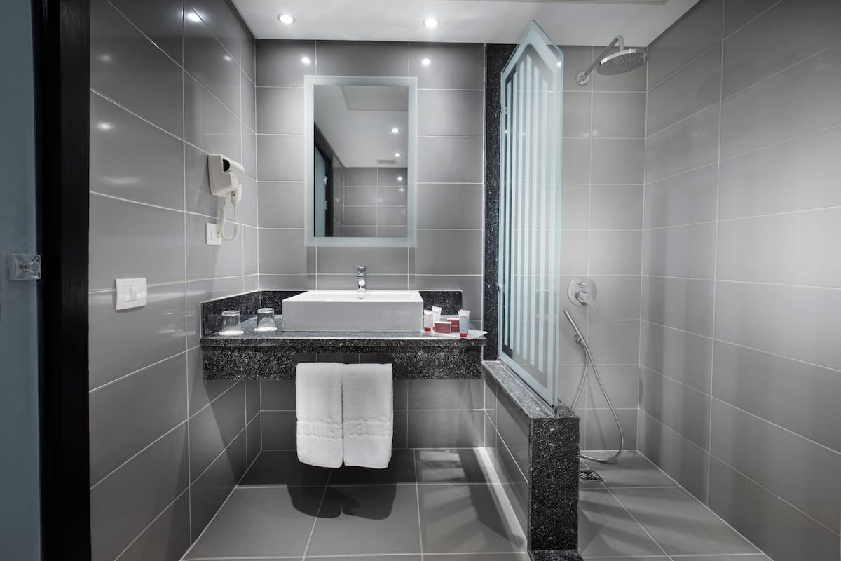 shower, rainfall showerhead, free toiletries, hair dryer