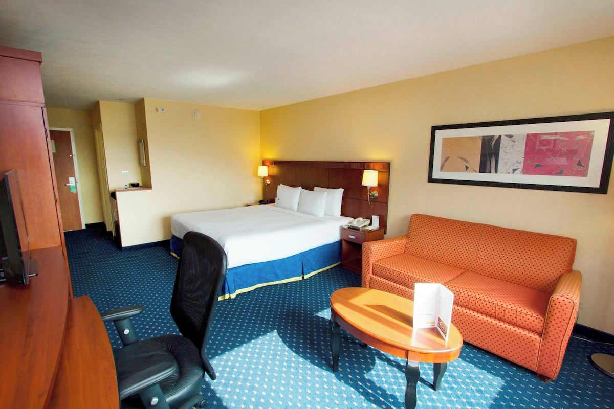 A hotel room with a bed, a sofa, a desk, and a chair.