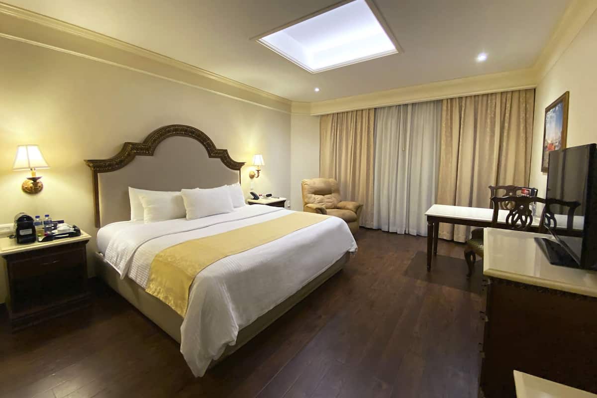 Habitación de hotel con una cama grande, mesitas de noche con lámparas, un escritorio con silla, un televisor y una ventana con cortinas.