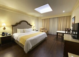 Habitación de hotel con una cama grande, mesitas de noche con lámparas, un escritorio con silla, un televisor y una ventana con cortinas.
