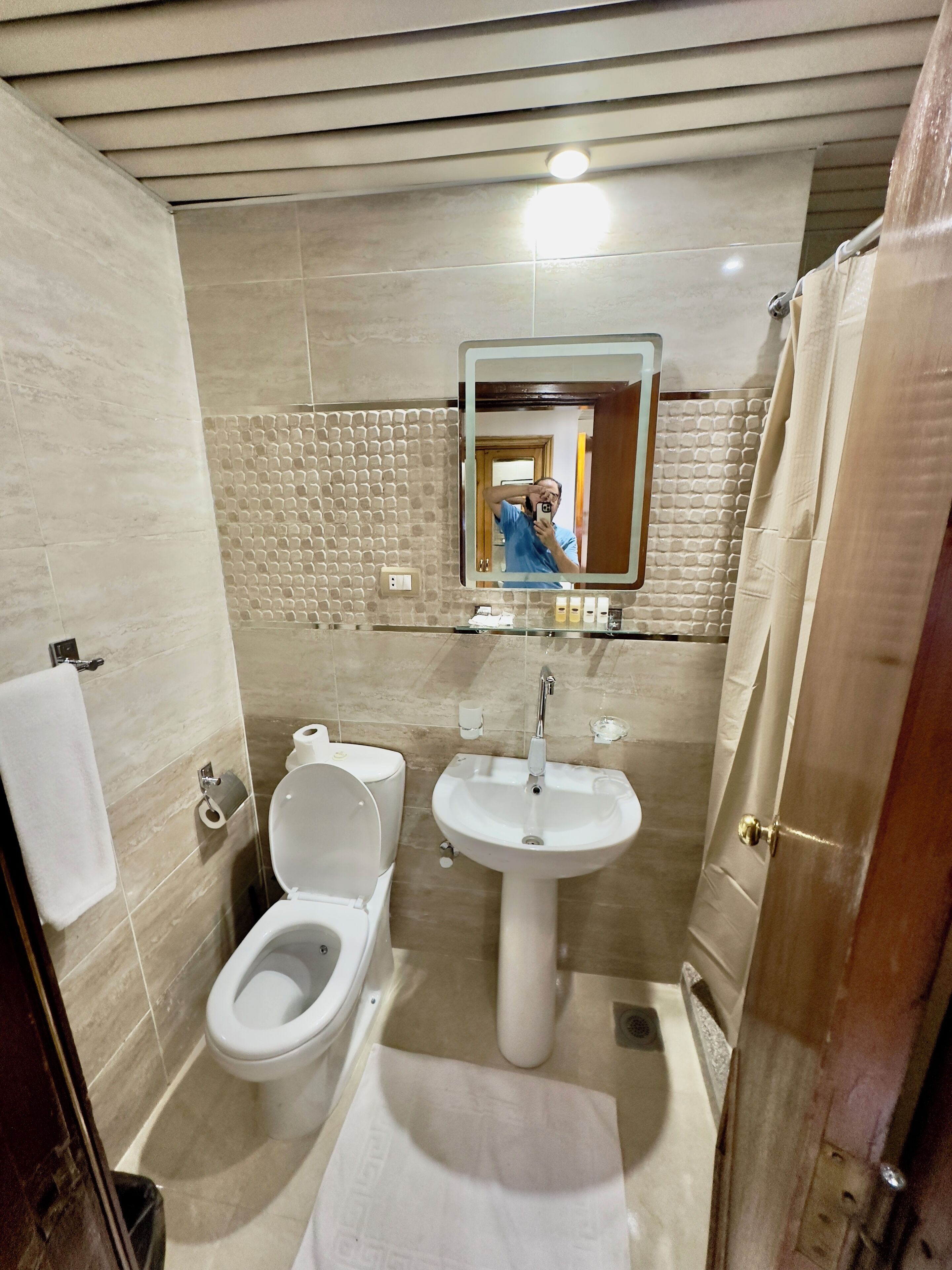 Un baño con inodoro, lavabo y espejo.