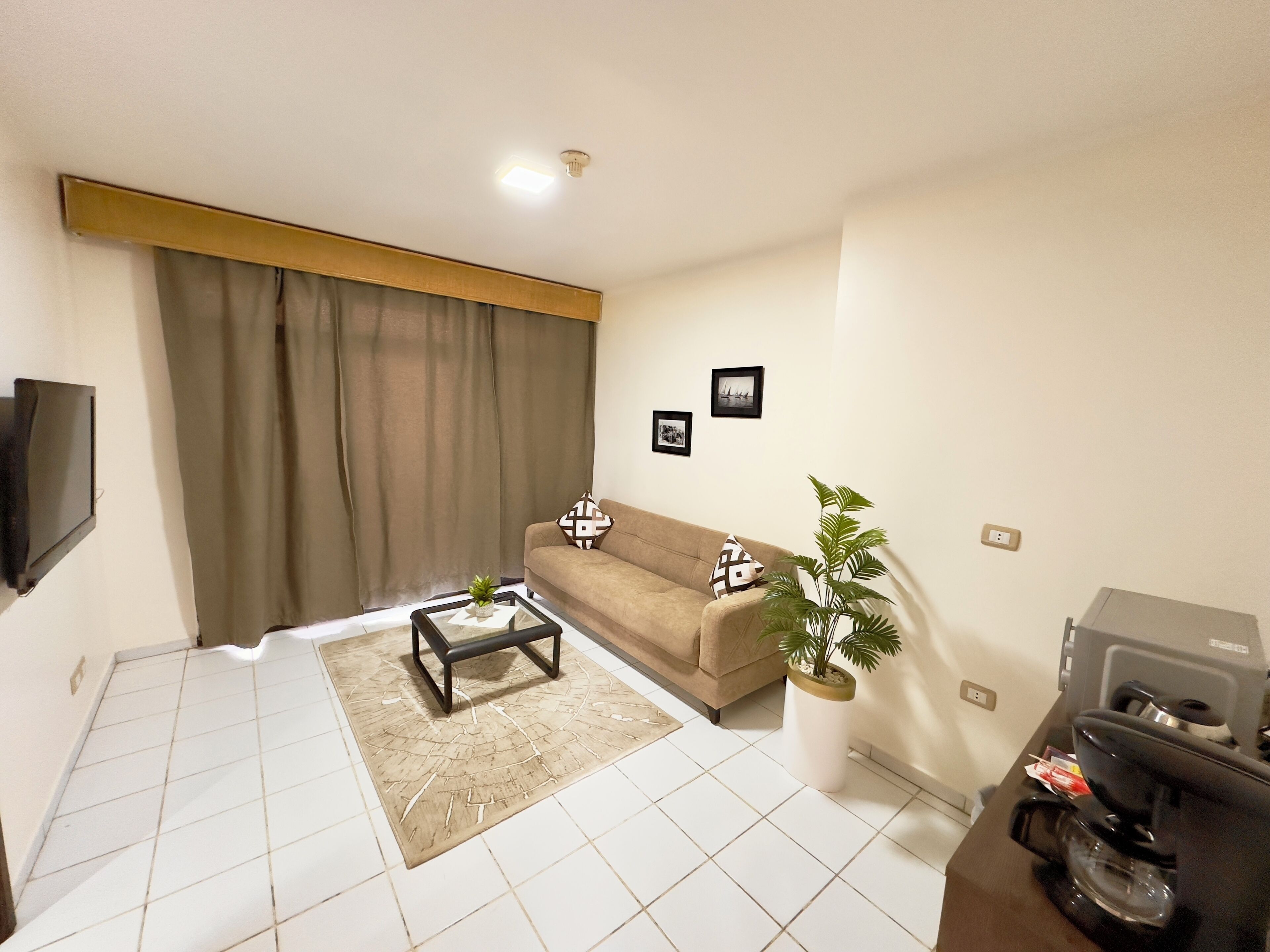Una sala de estar con sofá, mesa de centro, televisor, planta y una parrilla.