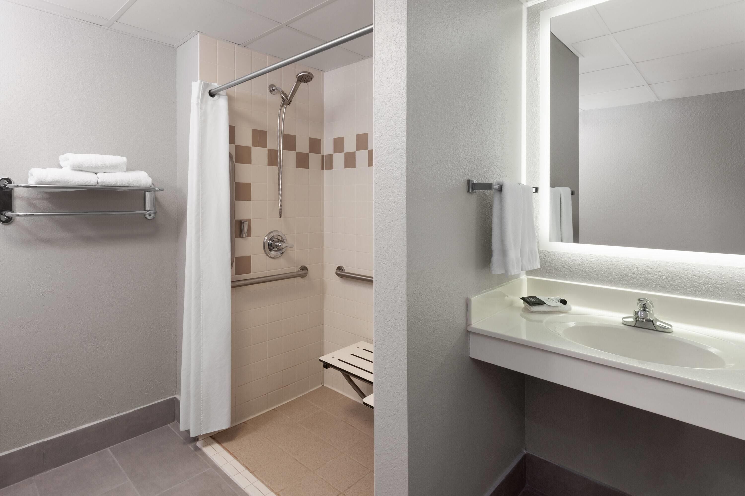 A bathroom with a shower, a sink, and a mirror.