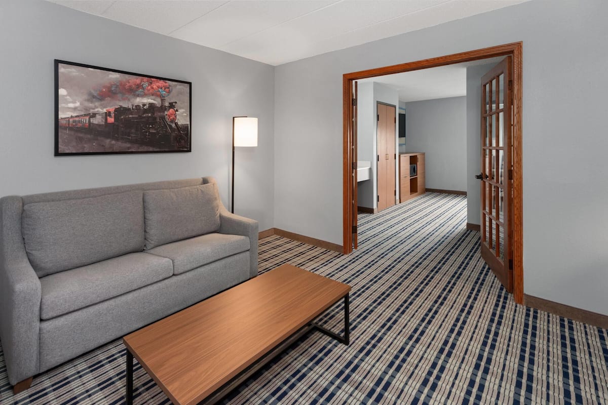 Habitación de hotel con sofá, mesa de centro, un cuadro enmarcado en la pared, lámpara, alfombra estampada y puerta de madera.
