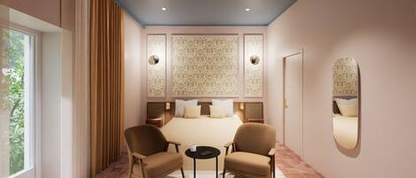 A hotel room with a large bed, two armchairs, a small table, and a mirror on the wall.