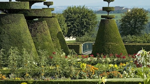 A meticulously landscaped garden with geometric topiary and vibrant flower beds.