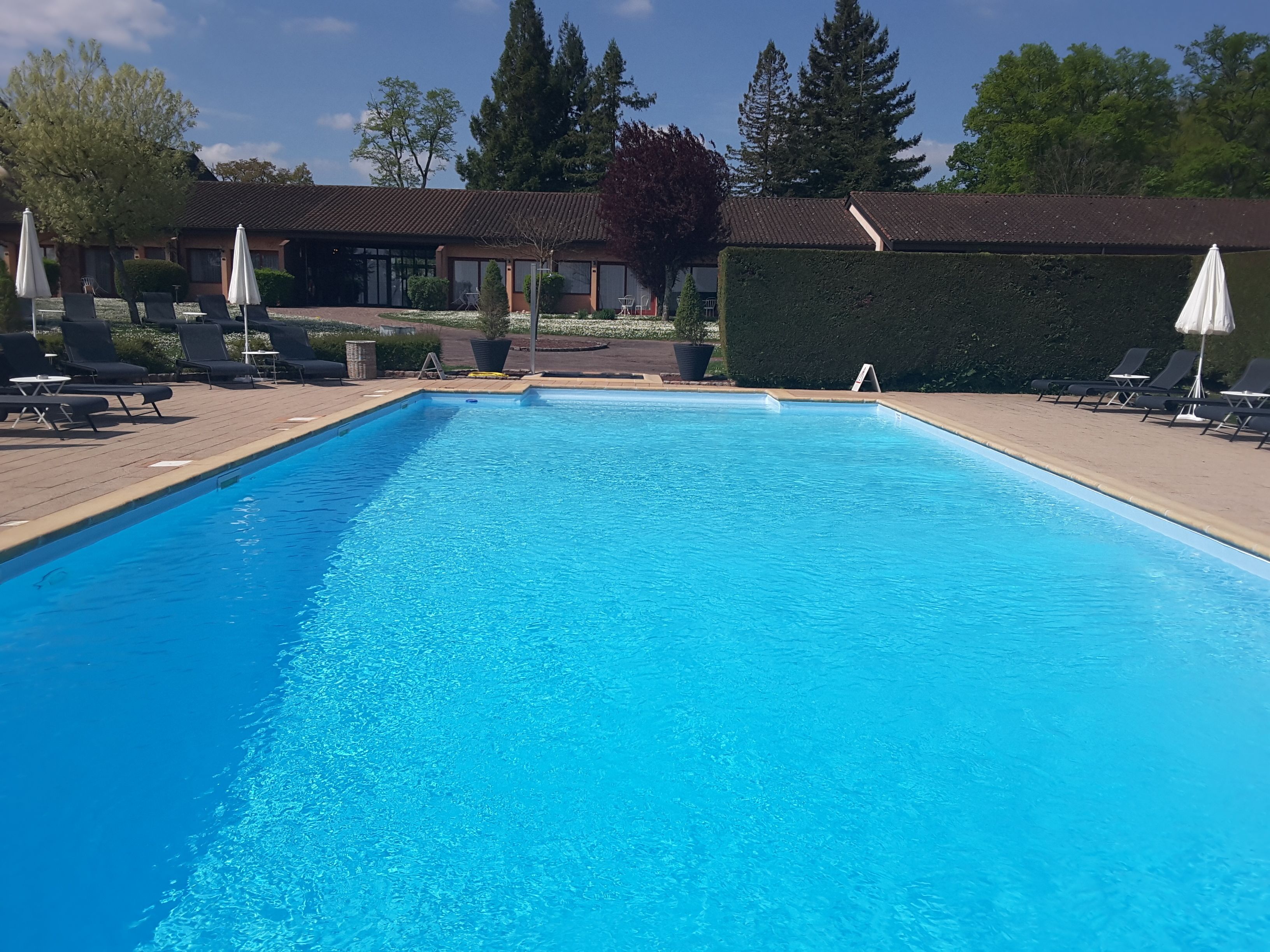 Una piscina rectangular con agua azul cristalina, rodeada de sillas de descanso y sombrillas.