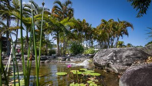 Un jardín tropical con un estanque, palmeras y rocas grandes.
