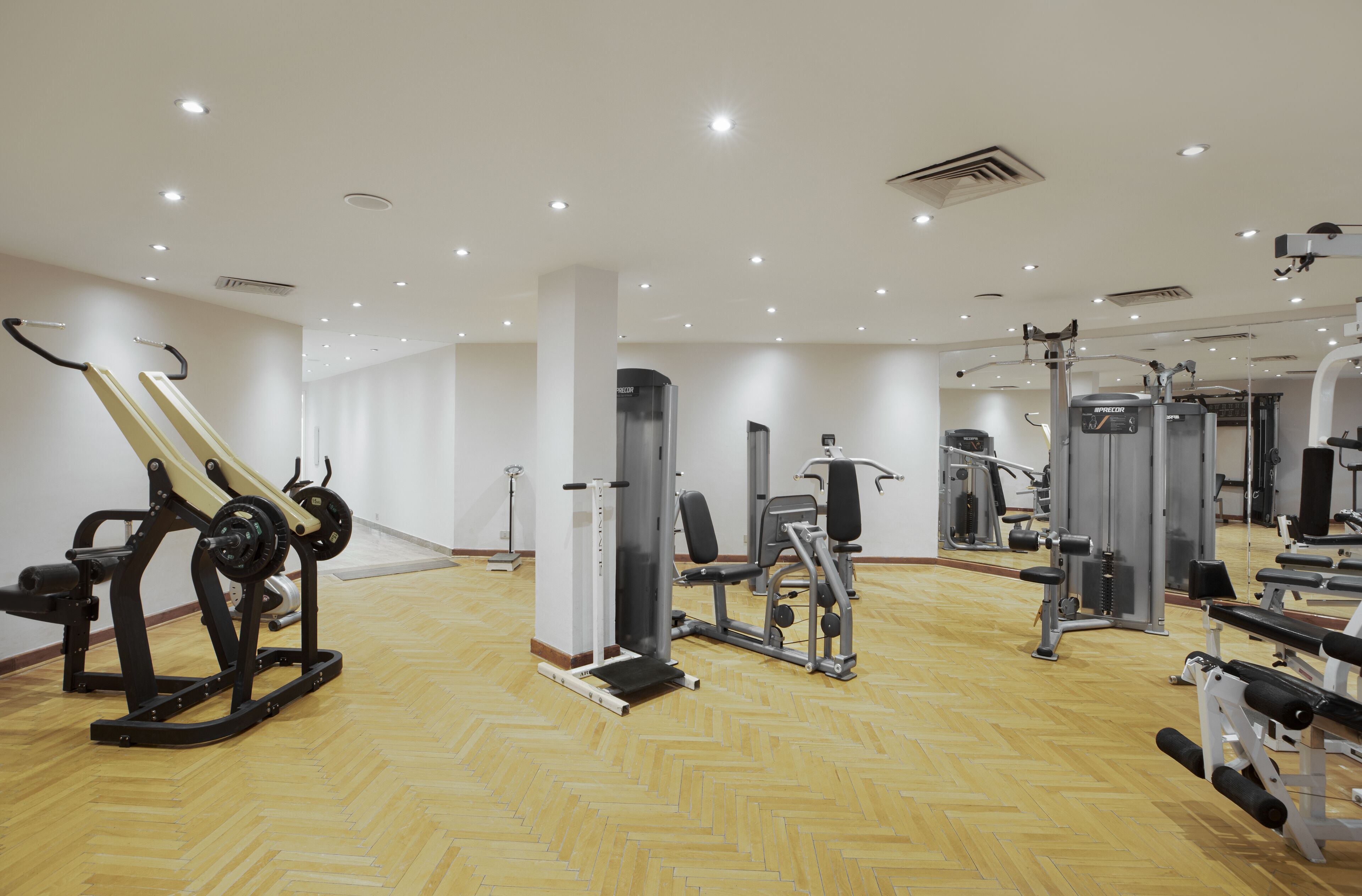 Une salle de sport équipée de divers appareils d’exercice, dotée d’un plancher en bois et d’un mur recouvert de miroirs.