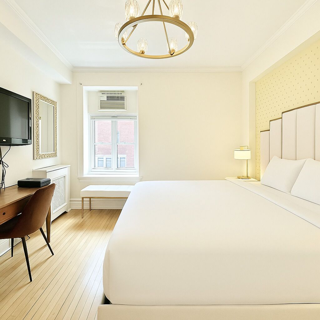 Hotelkamer met een groot bed, een bureau met stoel, een televisie en een raam met airconditioning.