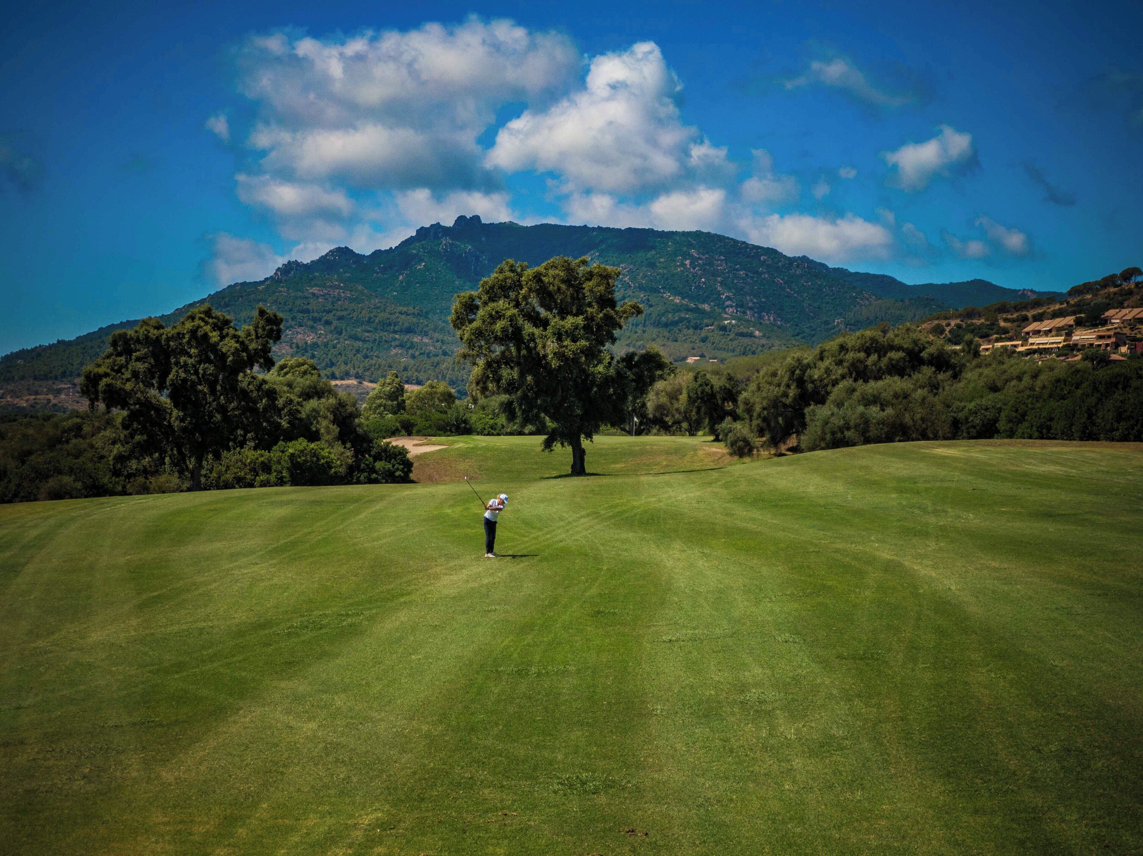 A golf course with a single golfer, trees, and a mountain in the background.