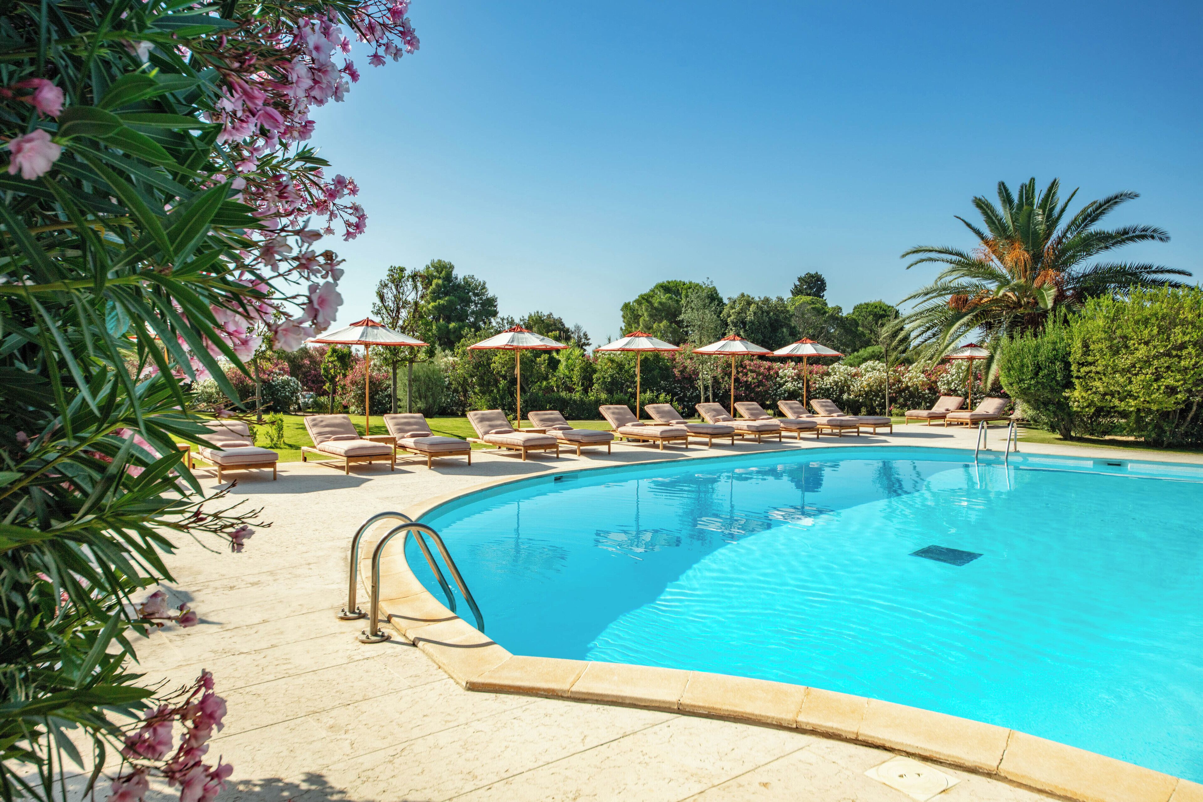 Seasonal outdoor pool, open 10:00 AM to 7:00 PM, pool umbrellas