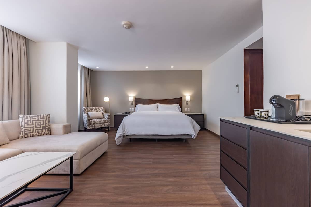 Une chambre d’hôtel moderne équipée d’un lit, d’un canapé, d’un bureau et d’une armoire.