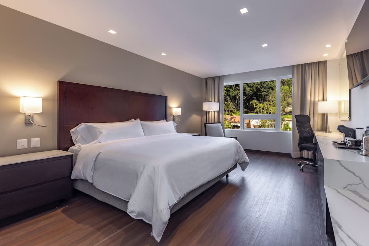 Une chambre d’hôtel moderne, dotée d’un grand lit, de tables de chevet, d’un bureau et offrant une vue sur la verdure environnante.