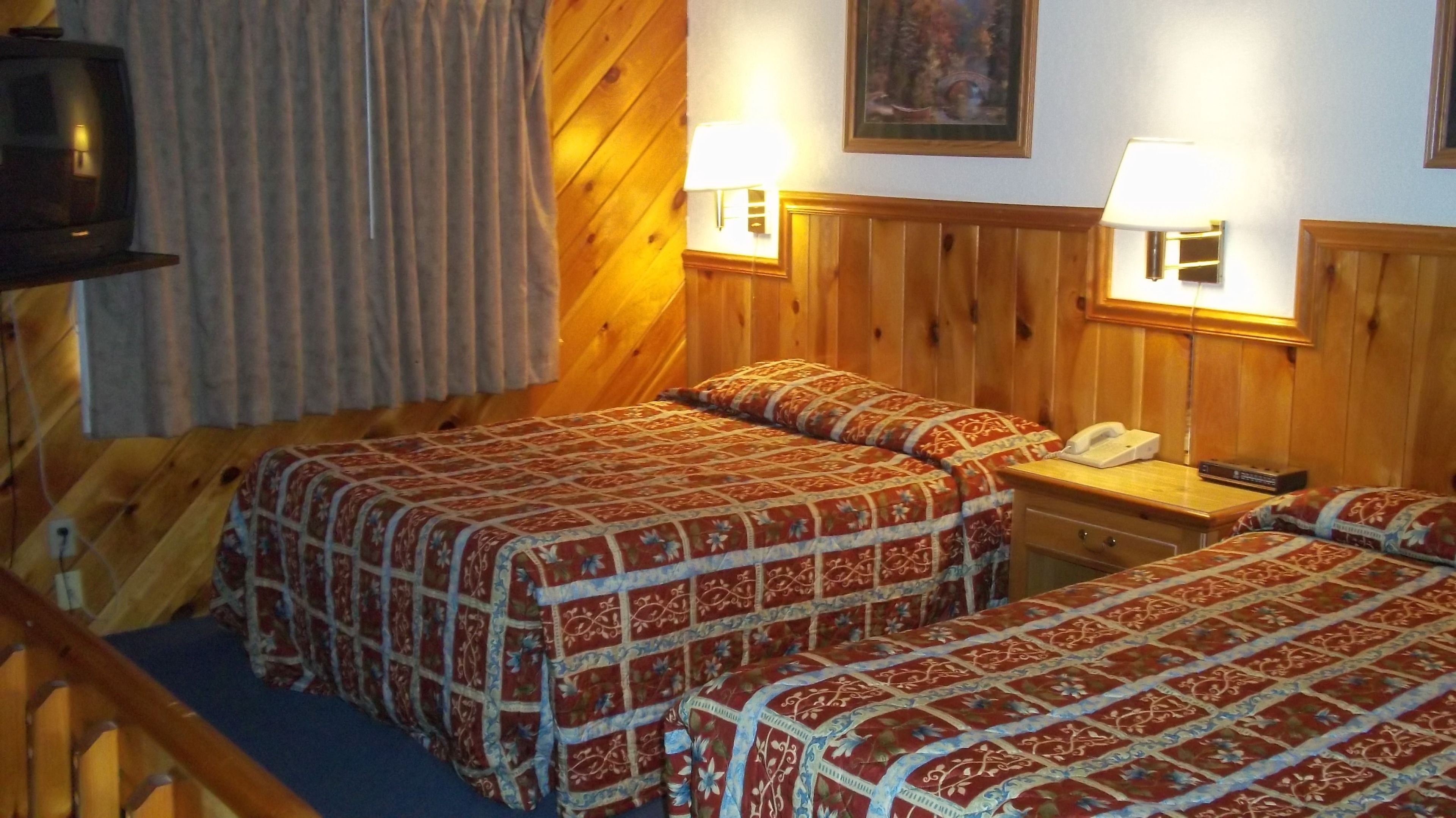 A room with two beds, wooden walls, a telephone, and a painting on the wall.