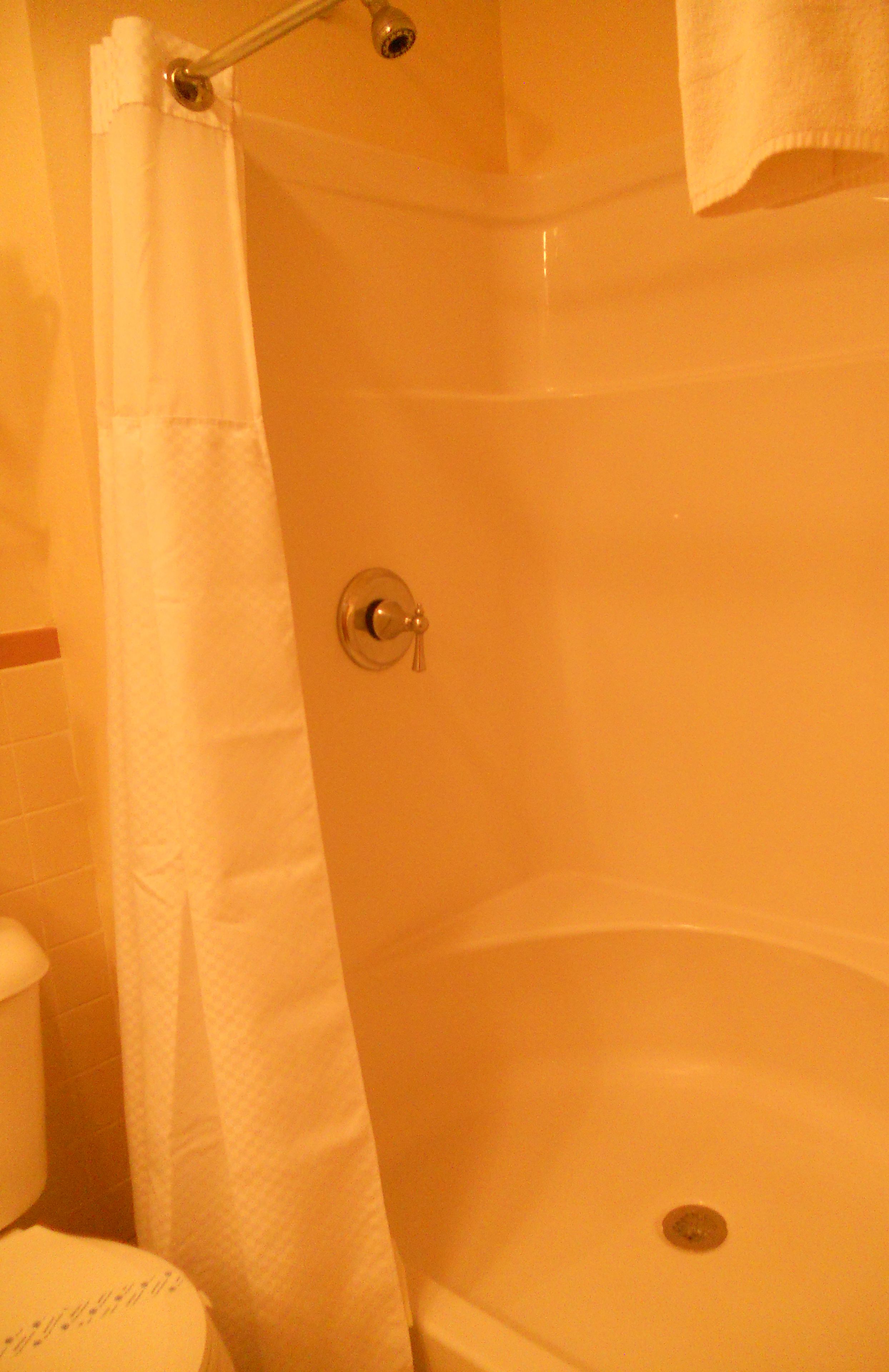 A bathroom with a shower, a toilet, and a bathtub.